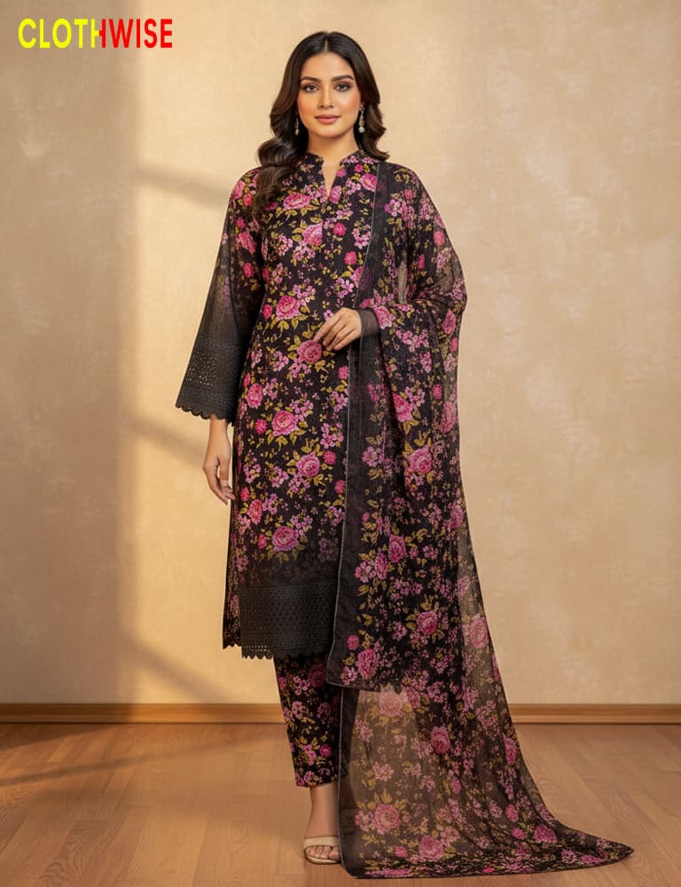 Woman wearing a floral black outfit with a matching dupatta on a beige background, branded 'Clothwise'.
