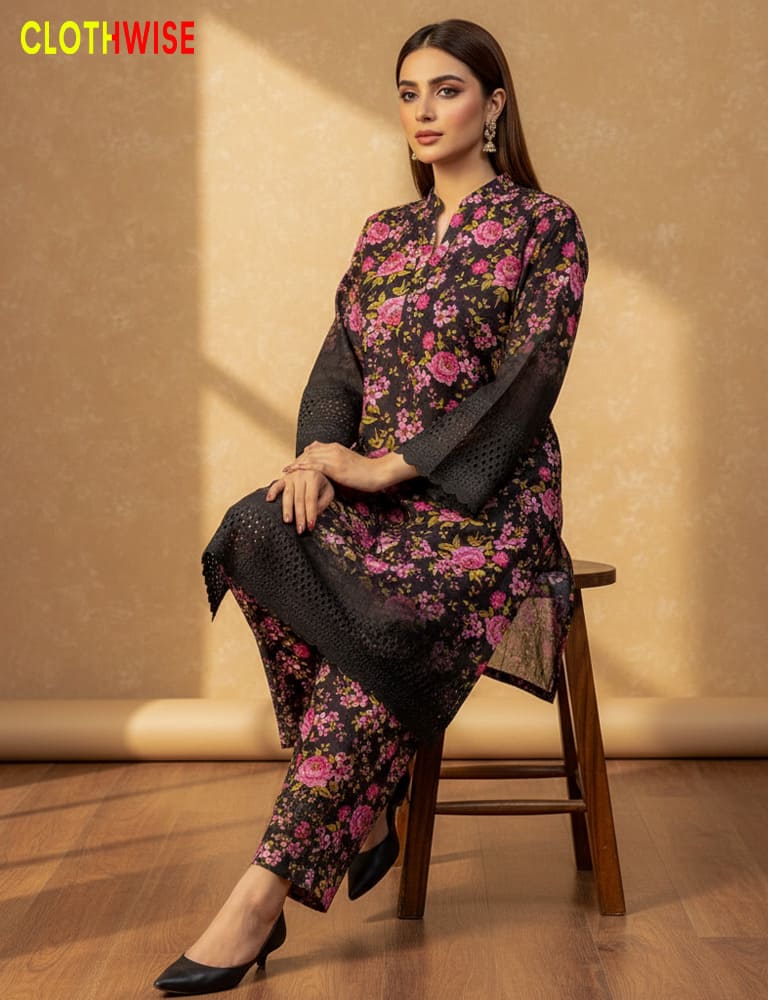 Woman in a floral outfit sitting on a wooden stool with 'Clothwise' branding.