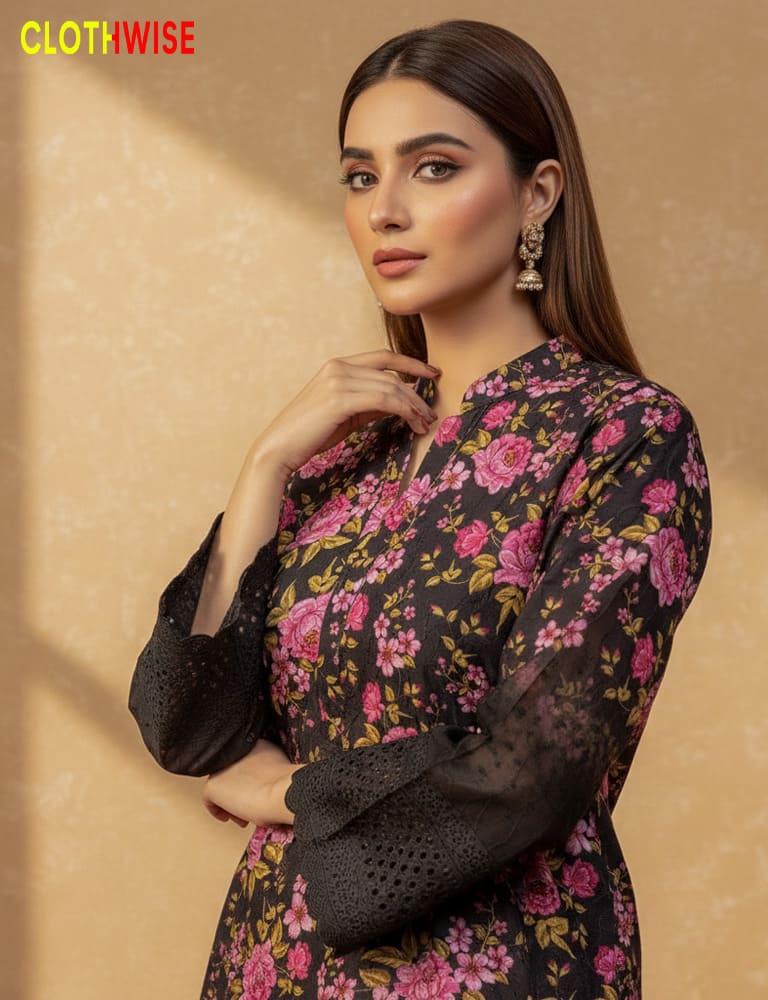 Woman wearing a black floral dress with a beige background, featuring the brand 'ClothWise'.