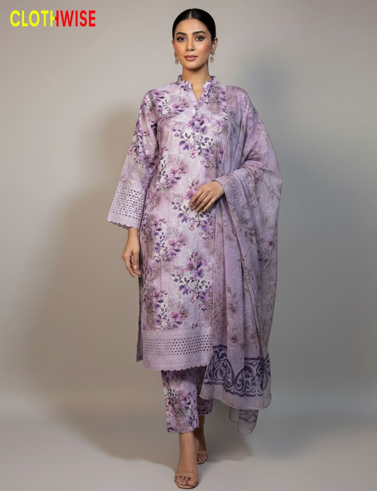 Woman wearing a purple floral outfit with a matching shawl on a gray background, branded 'Clothwise'.