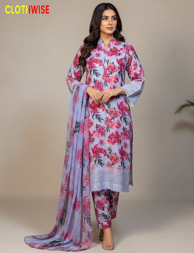 Woman wearing a floral dress with a matching dupatta by CLOTHWISE on a neutral background