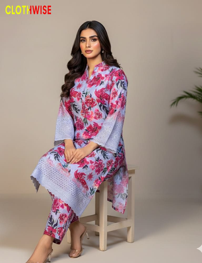 Woman wearing a floral dress sitting on a stool with 'Clothwise' branding.
