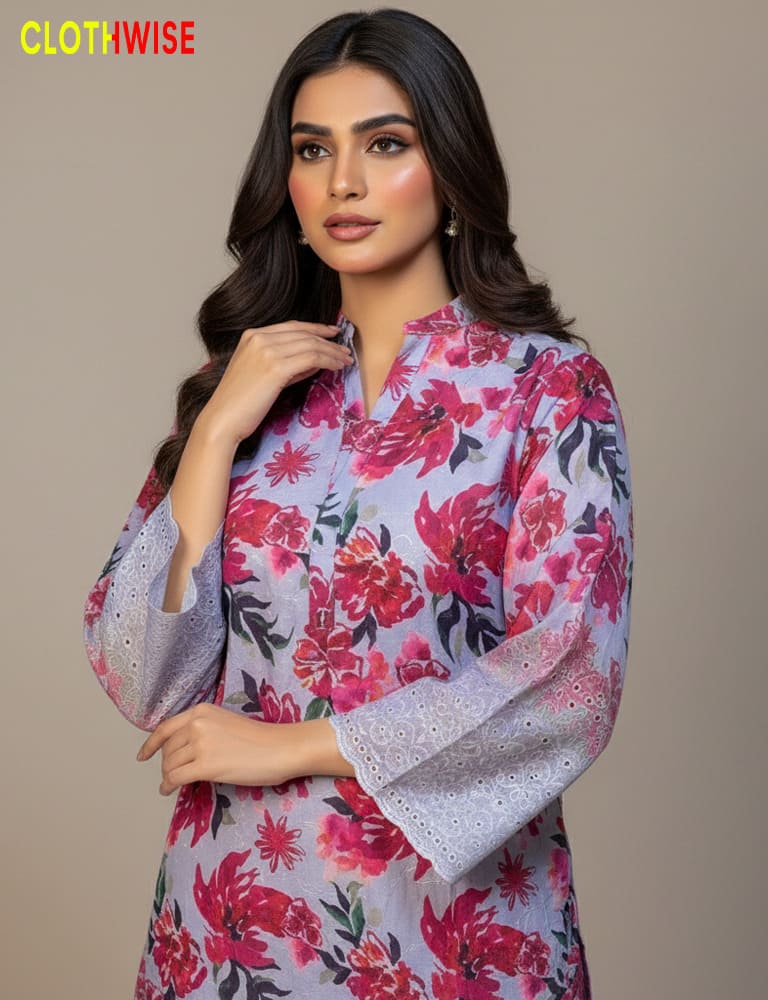 Woman wearing a floral dress with 'CLOTHWISE' branding on a beige background