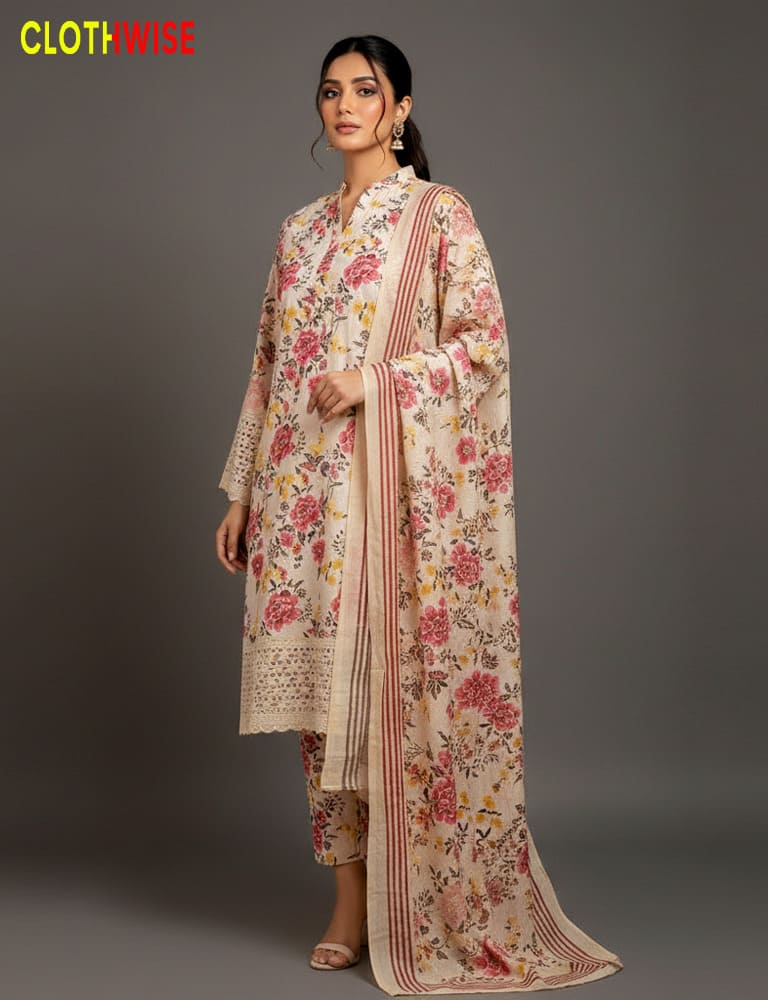 Woman wearing a floral traditional outfit with a matching dupatta, standing against a gray background. Brand 'CLOTHWISE' visible.