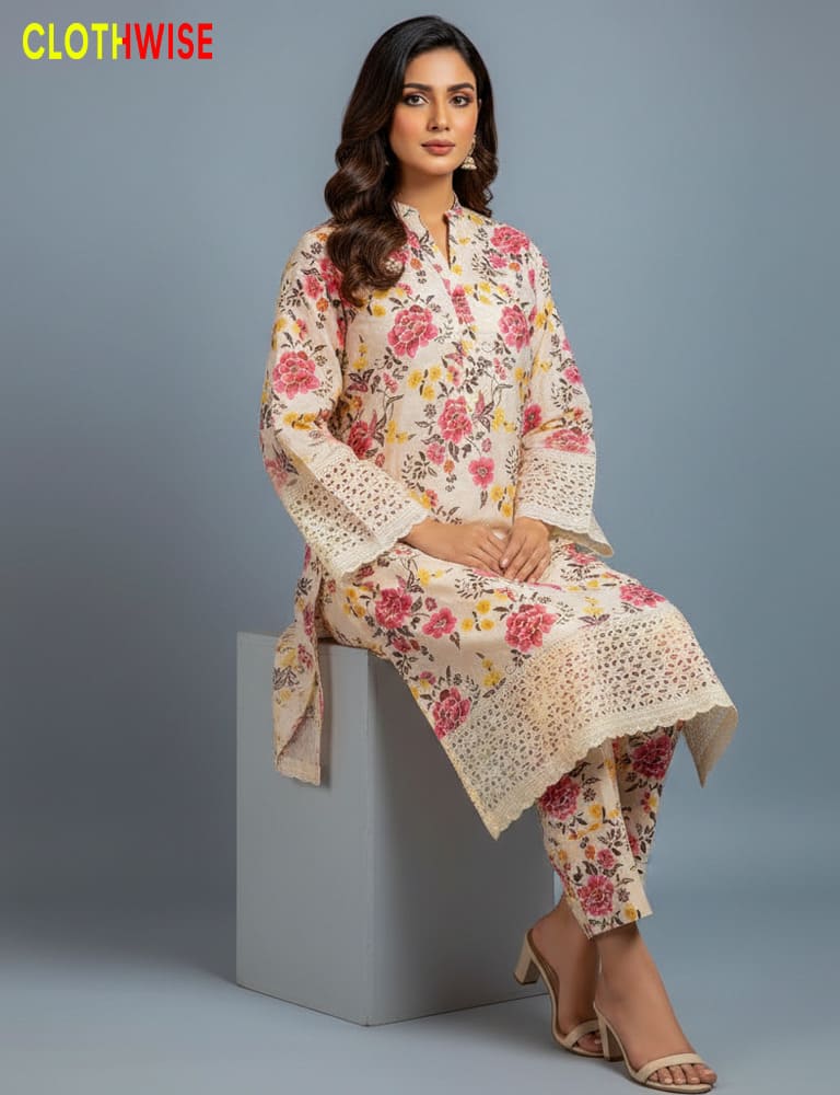 Woman wearing a floral dress sitting on a block with 'ClothWise' branding.