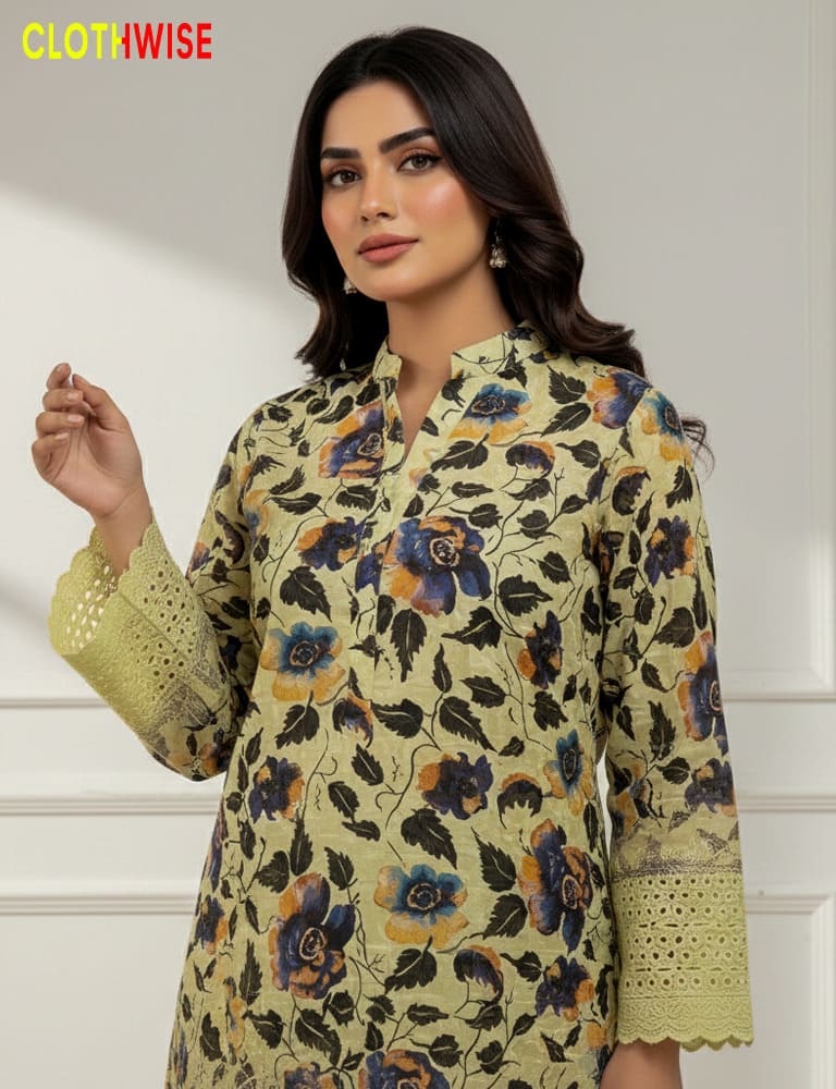Woman wearing a floral patterned shirt with green sleeves, branded 'Clothwise'.