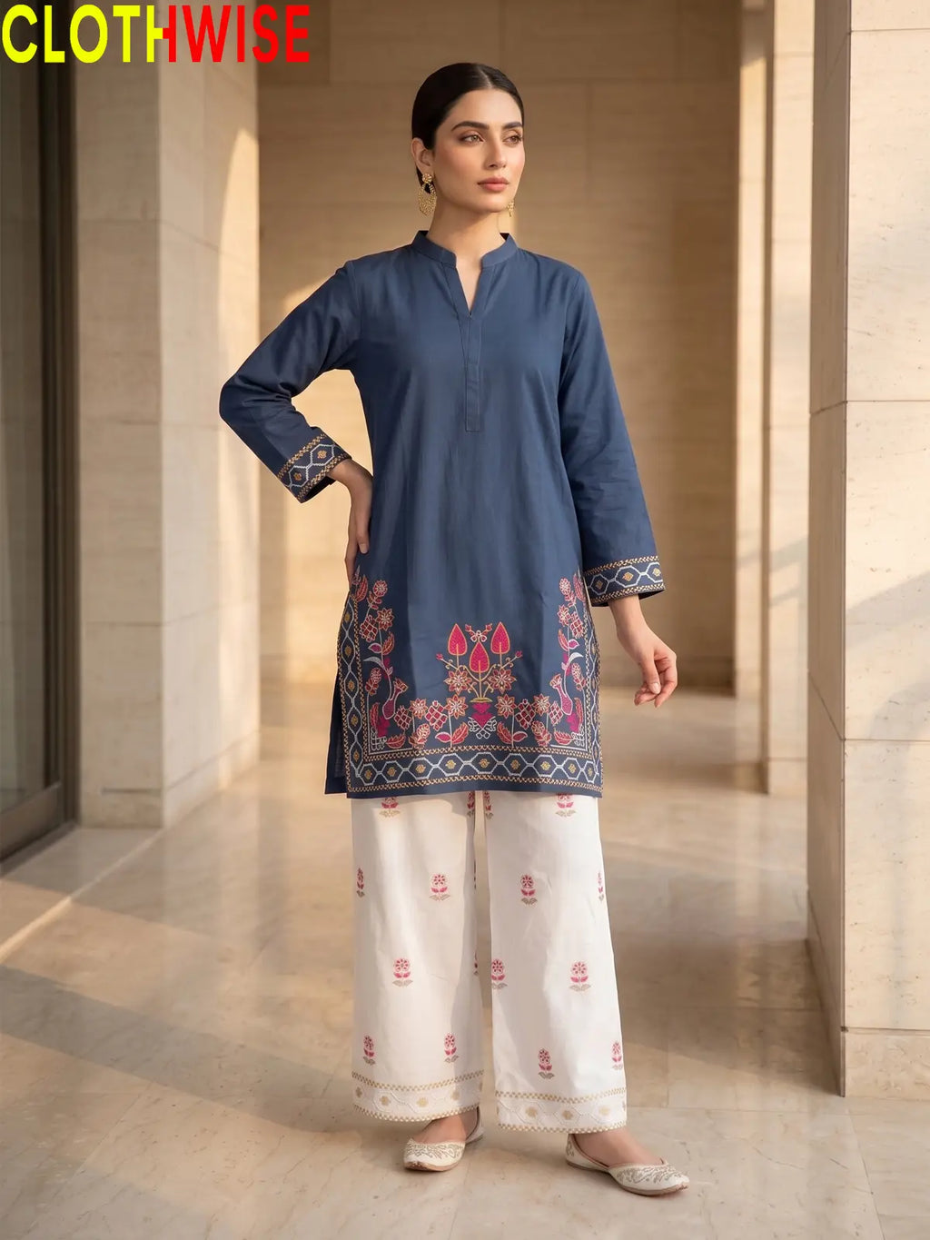 Shajar Deep Blue embroidered cotton suit front standing view