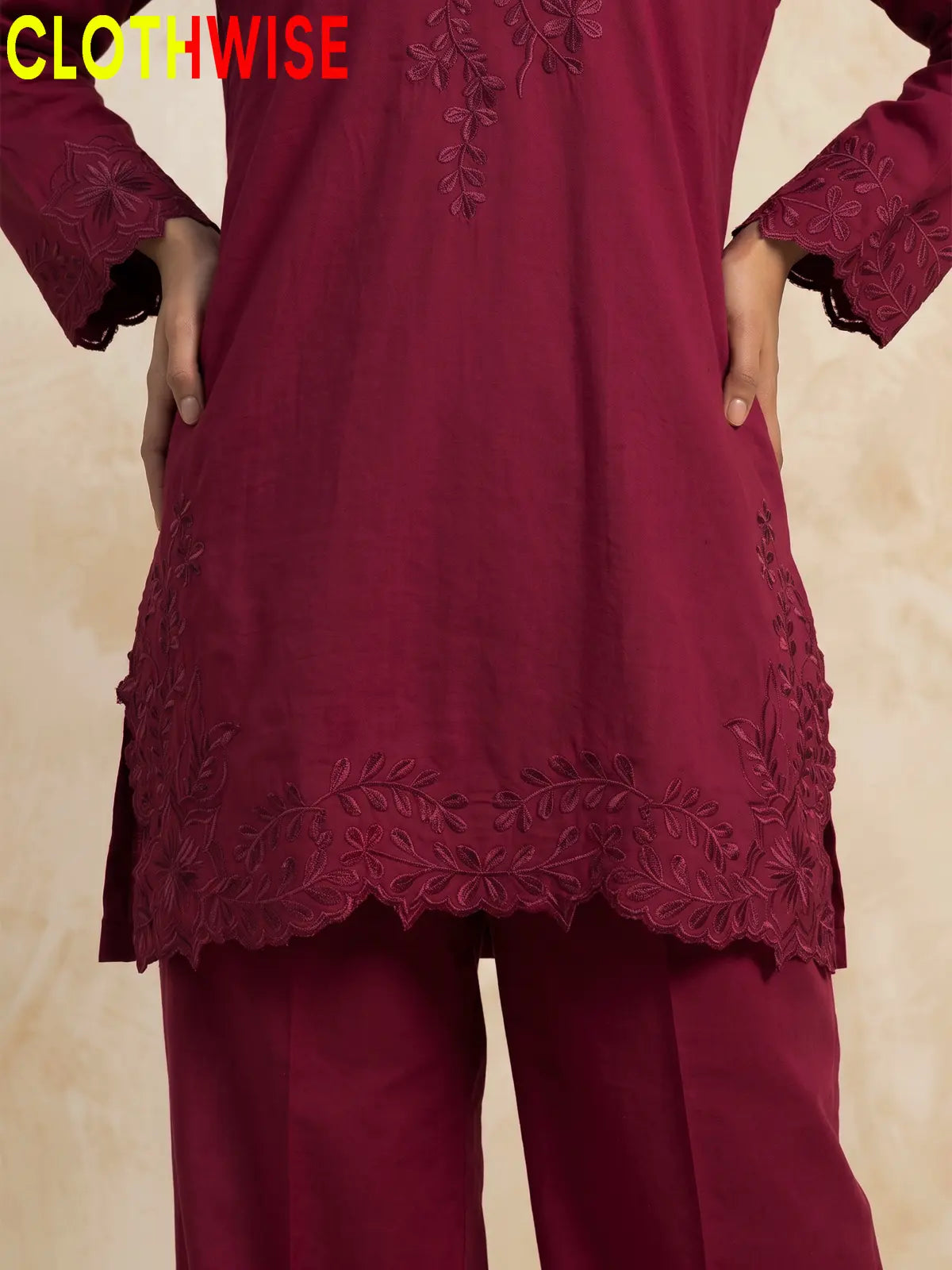 Gulkari chikankari embroidered cotton co-ord set in Deep Raspberry - close-up daman detail