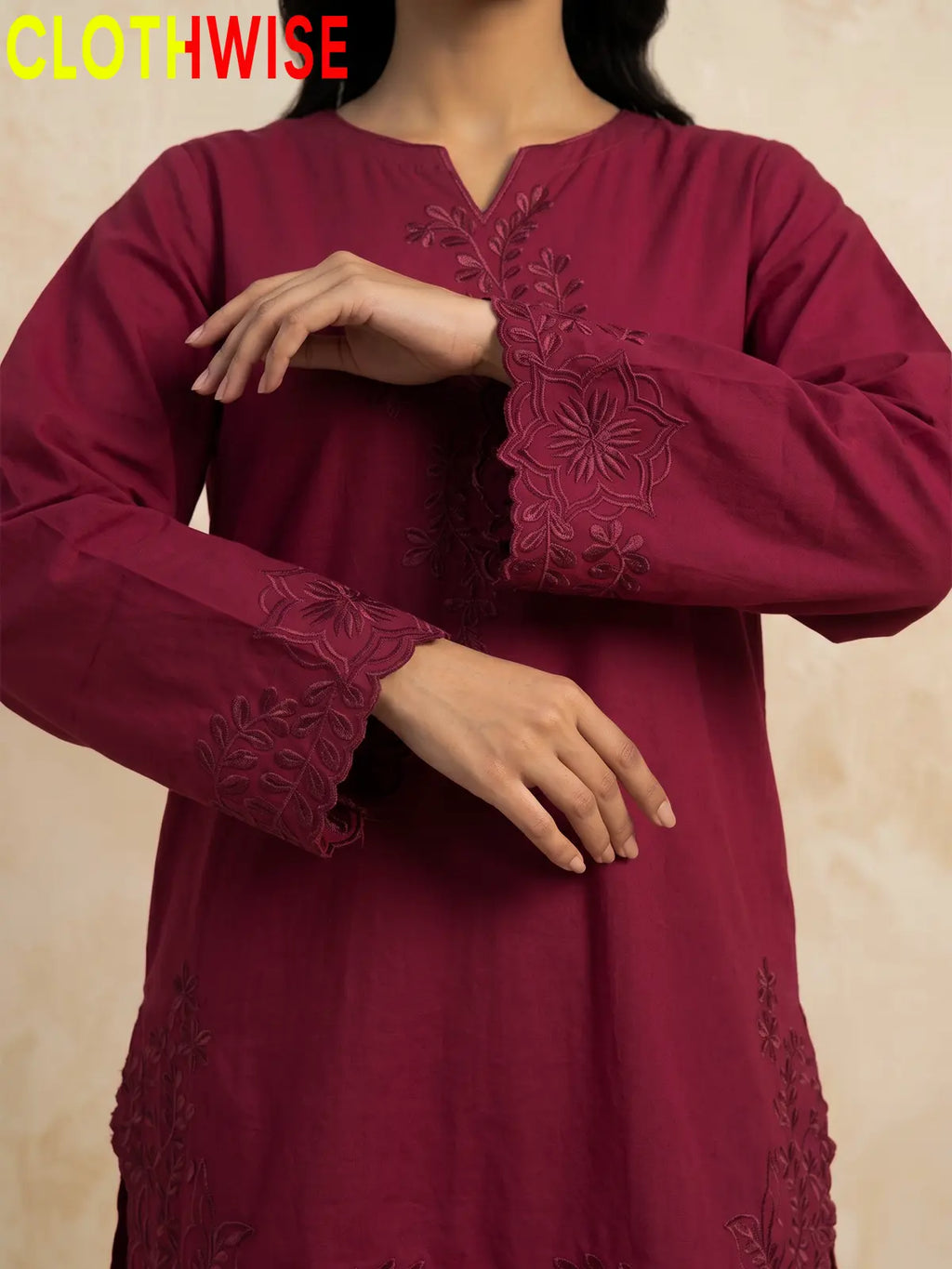 Gulkari chikankari embroidered cotton co-ord set in Deep Raspberry - close-up sleeves embroidery detail