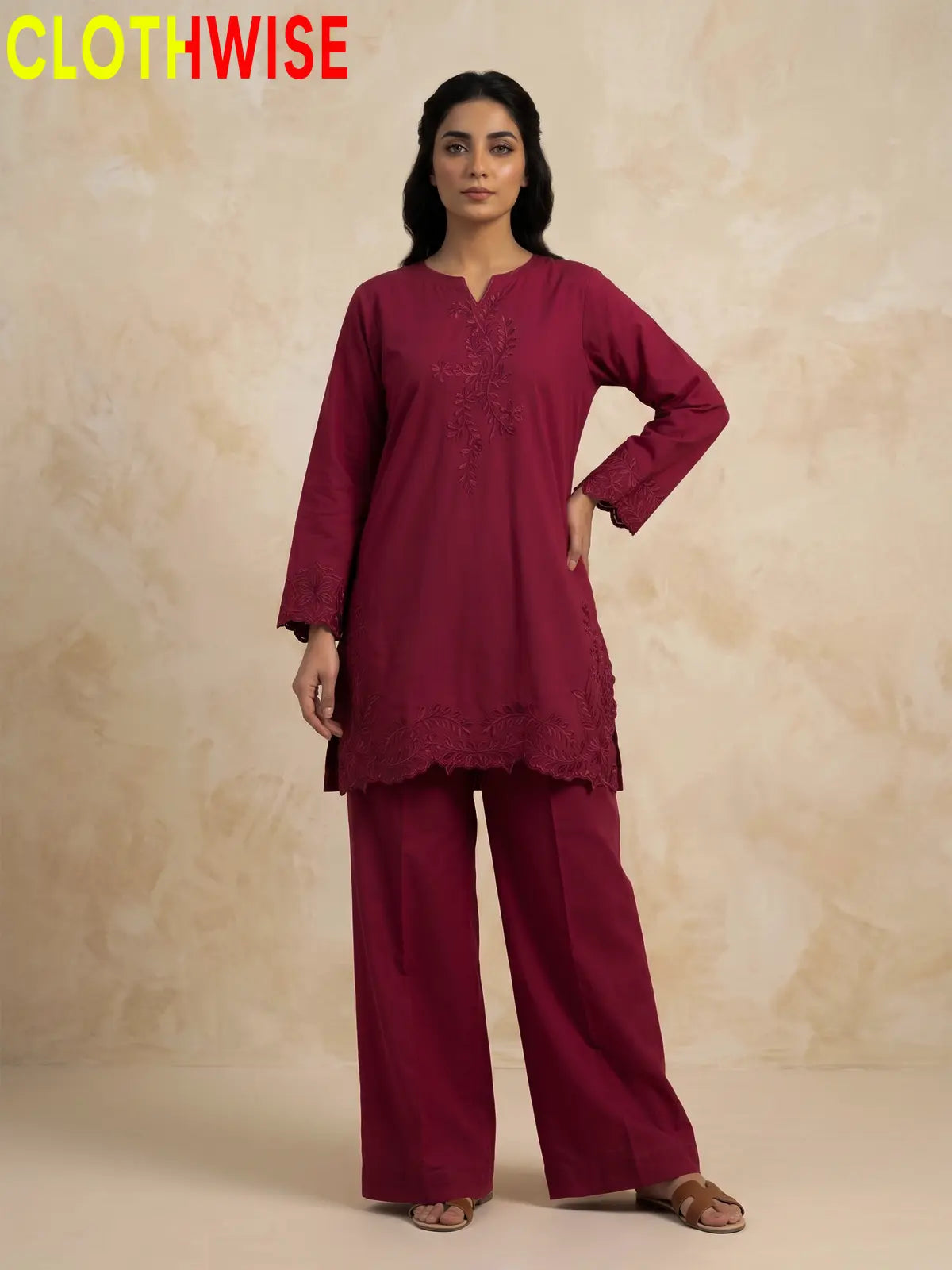 Gulkari chikankari embroidered cotton co-ord set in Deep Raspberry - standing front view