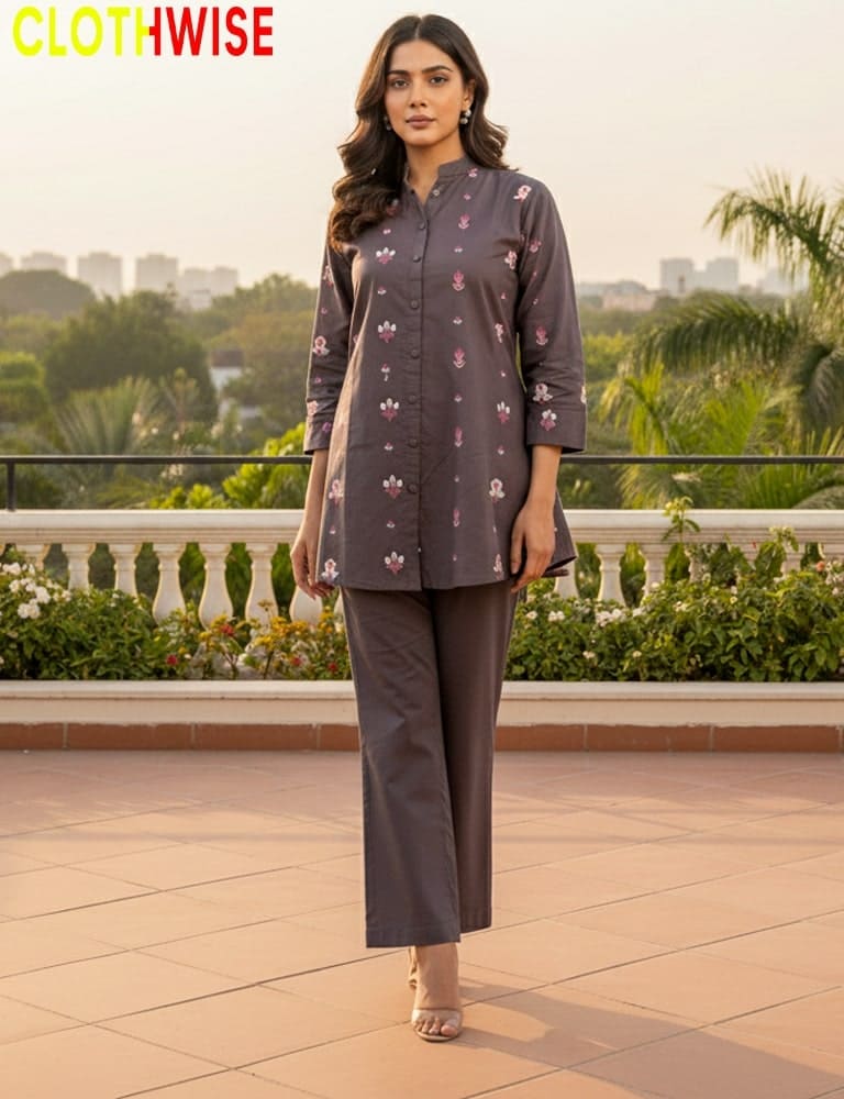 Woman wearing a brown outfit with floral patterns on a balcony with greenery and cityscape in the background.