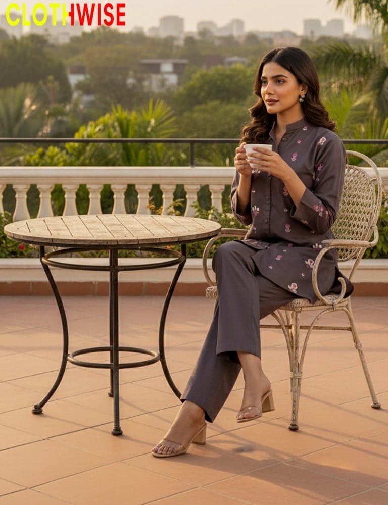 Woman sitting on a patio holding a cup, wearing a dark outfit with floral patterns.