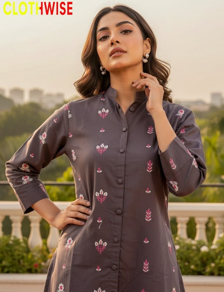 Woman wearing a brown outfit with floral patterns, standing outdoors.