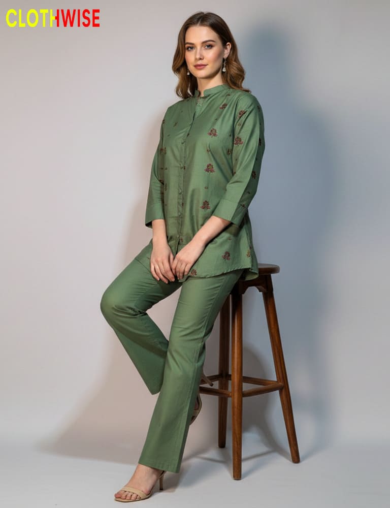 Dhanak - Western Embroidered Cotton Green Co-ord Set | Clothwise