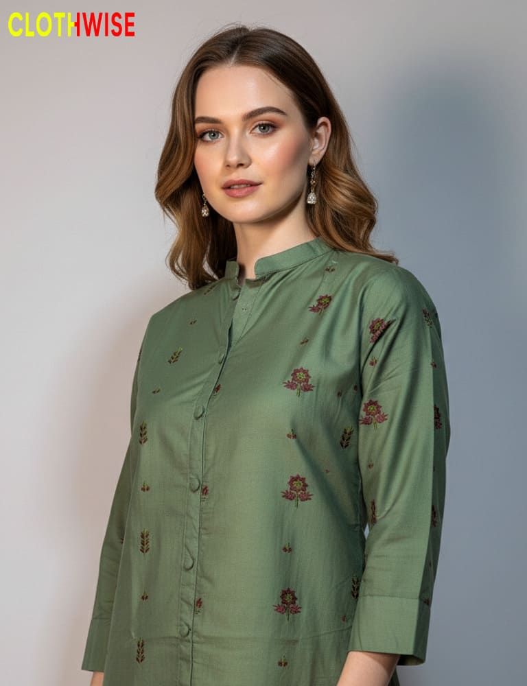 Dhanak - Western Embroidered Cotton Green Co-ord Set | Clothwise