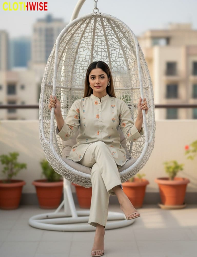 Woman sitting in a wicker egg chair on a rooftop with plants and buildings in the background.