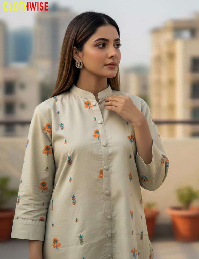Woman wearing a light-colored kurta with floral patterns on a rooftop with blurred buildings in the background.