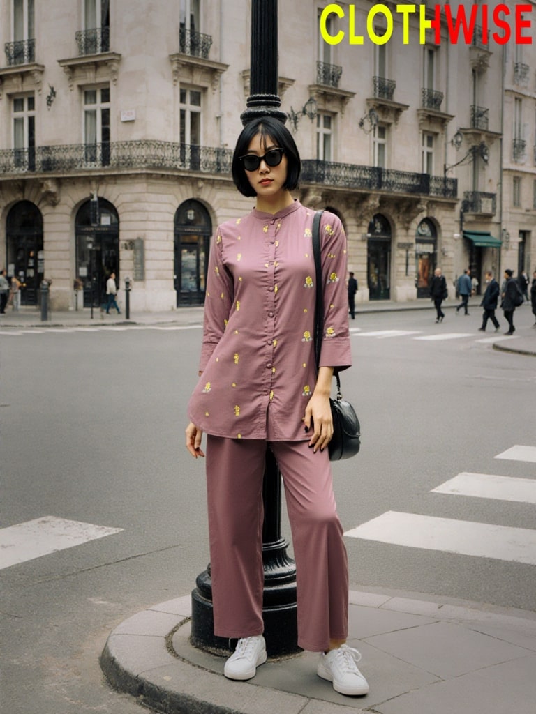 Woman in a pink outfit standing on a city street with 'ClothWise' branding.
