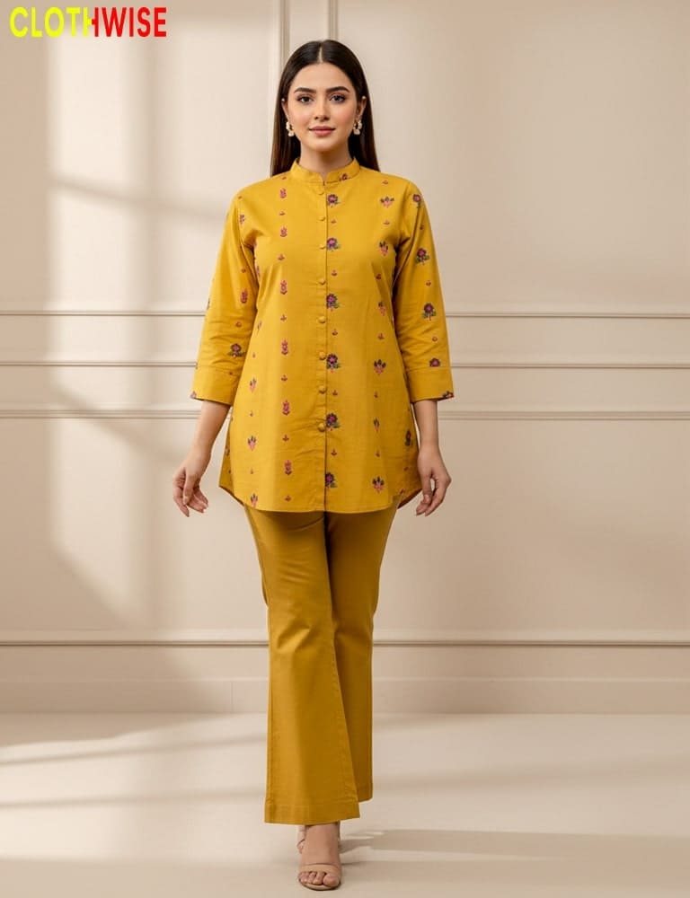Woman wearing a yellow outfit with a patterned top and pants on a neutral background, branded 'ClothWise'.