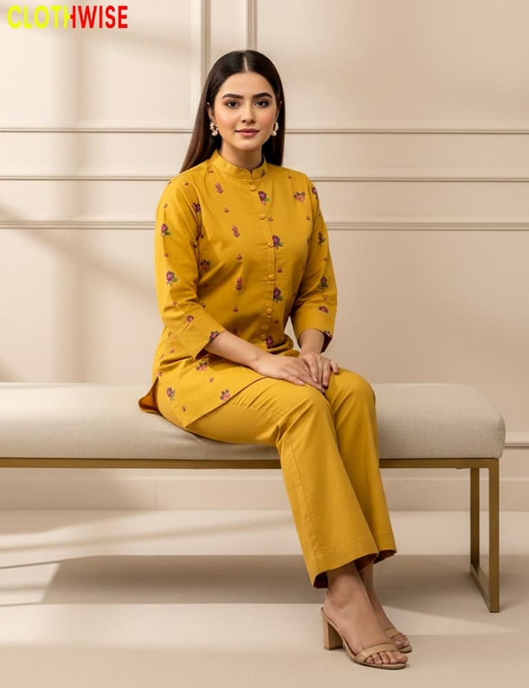 Woman wearing a mustard yellow outfit sitting on a bench with 'ClothWise' branding.