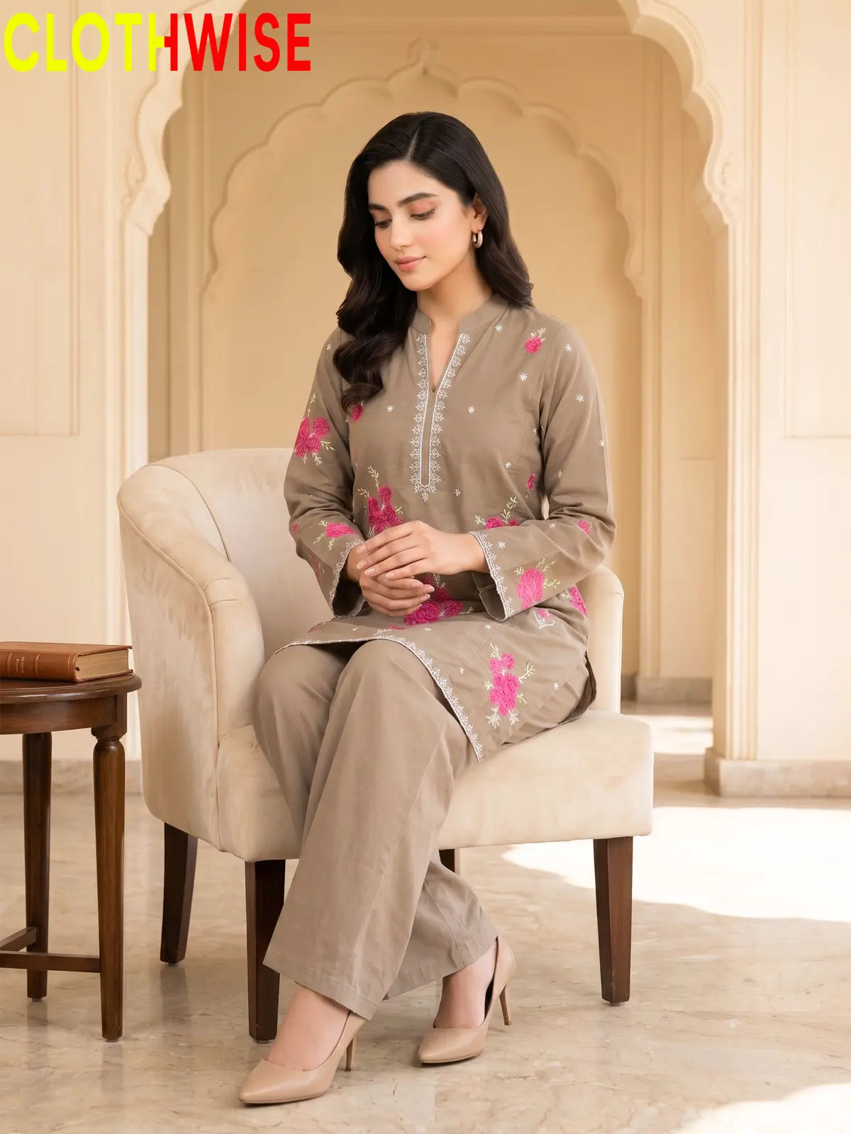 Marias Dusty Brown embroidered co-ord set - sitting - CLOTHWISE