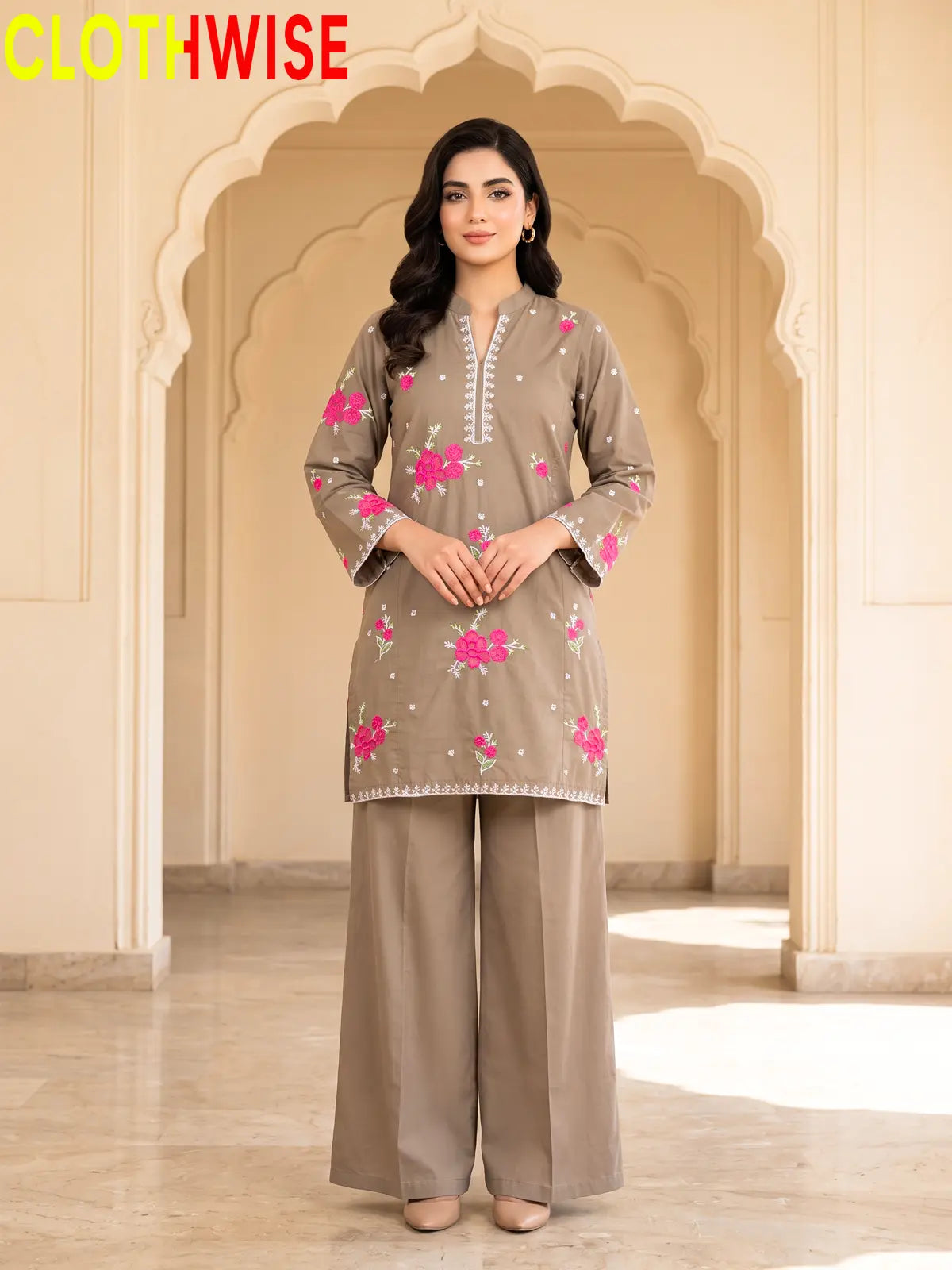 Marias Dusty Brown embroidered co-ord set - standing - CLOTHWISE