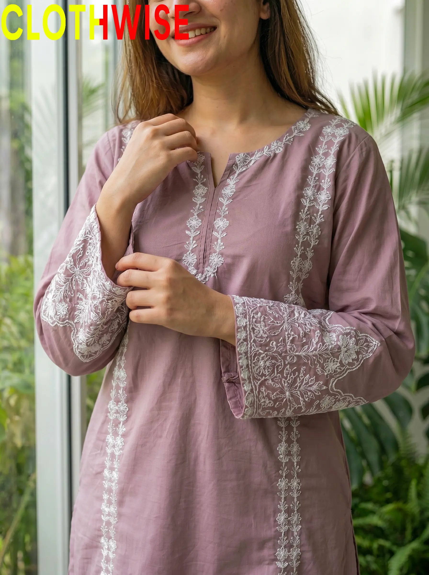 Aina Cotton 2-Piece Embroidered Suit | Dusty Mauve Rose | Stitched Co-ord Set