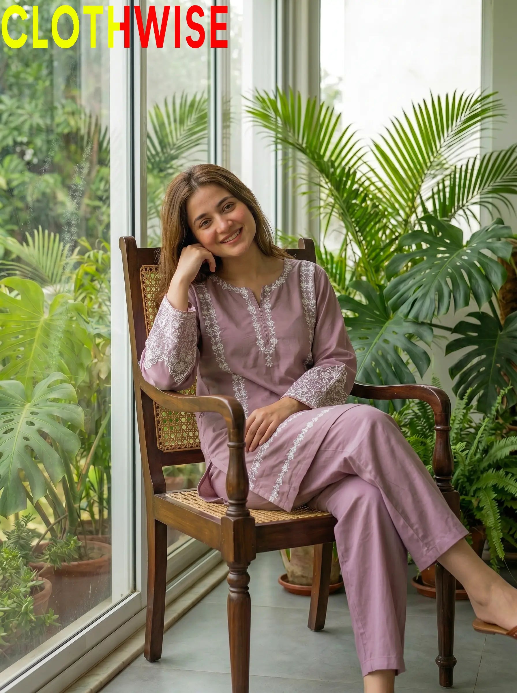 Aina Cotton 2-Piece Embroidered Suit | Dusty Mauve Rose | Stitched Co-ord Set