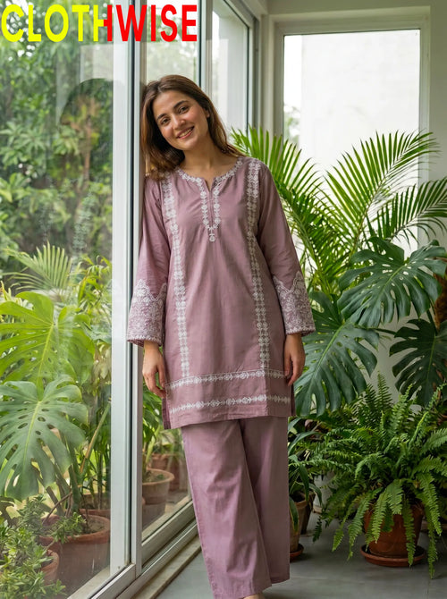 Aina Cotton 2-Piece Embroidered Suit | Dusty Mauve Rose | Stitched Co-ord Set