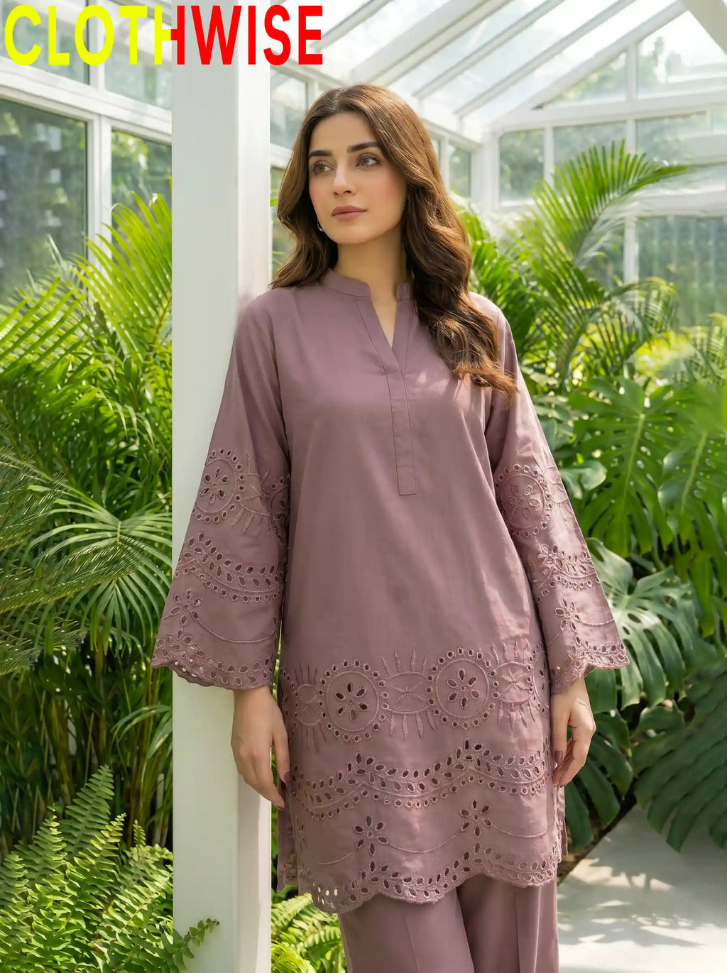 CottonCut dusty pink embroidered 2-piece cotton suit closeup
