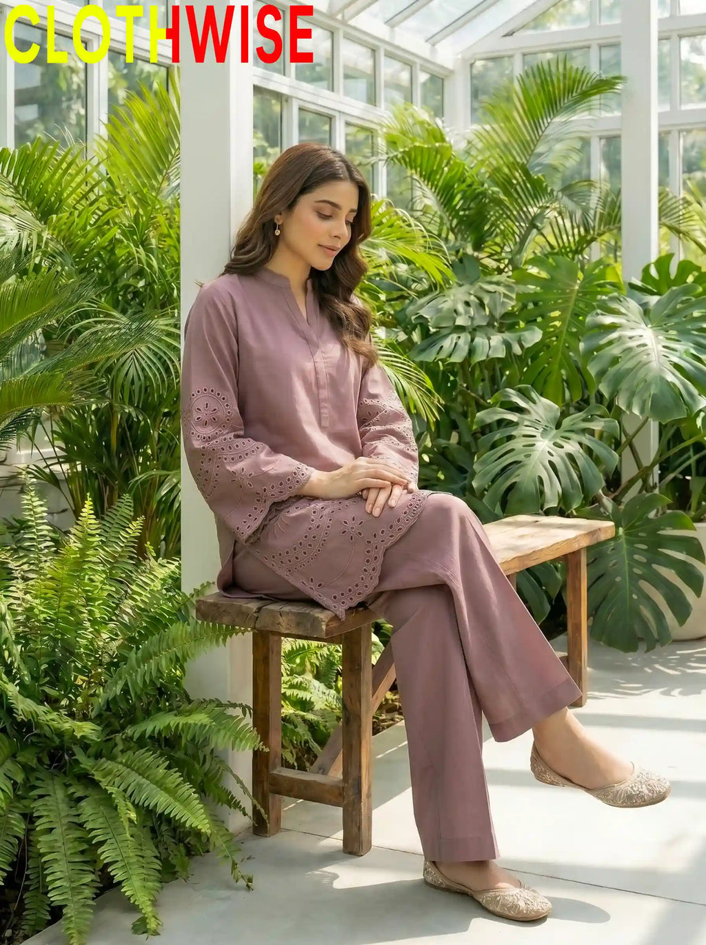 CottonCut dusty pink printed flapper suit sitting pose