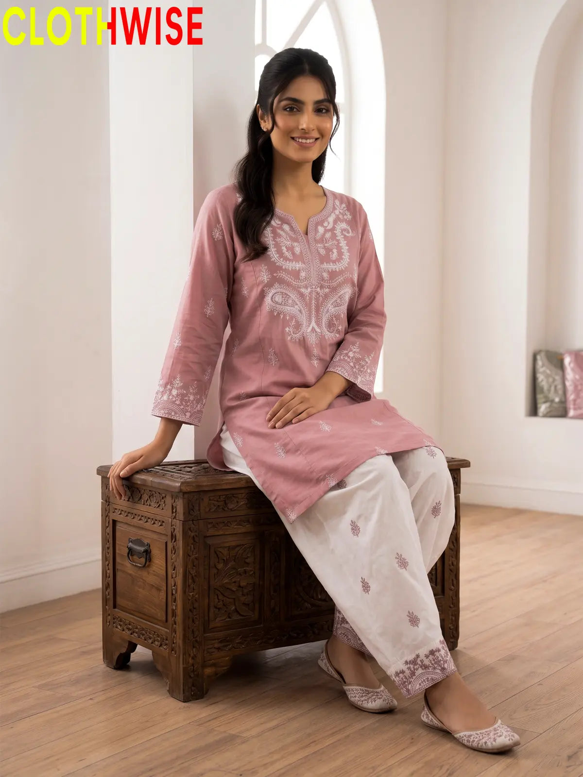 Mushq Dusty Pink 2-piece cotton suit sitting pose