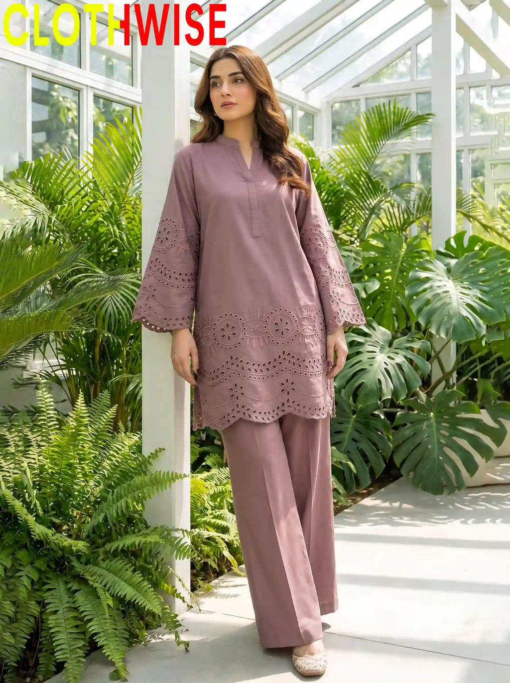CottonCut dusty pink stitched co-ord suit full length standing
