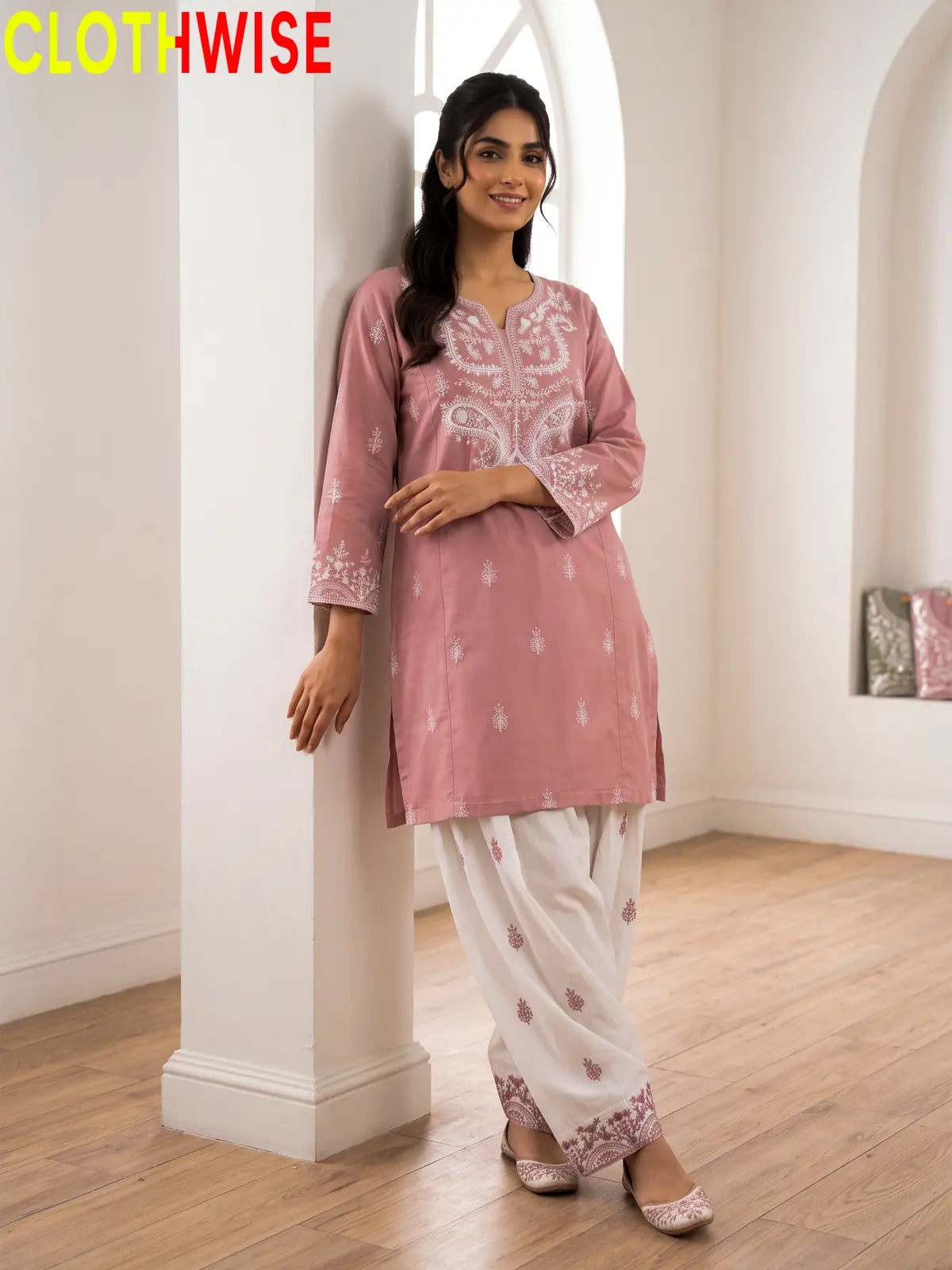 Mushq Dusty Pink 2-piece cotton suit standing pose