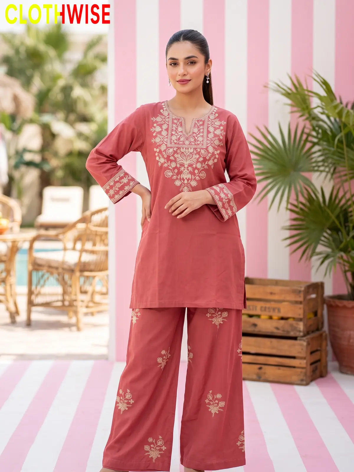 Ebony – Embroidered Cotton Kurta with Embroidered Wide-Leg Palazzo | 2Pc Suit