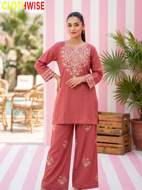 Ebony – Embroidered Cotton Kurta with Embroidered Wide-Leg Palazzo | 2Pc Suit