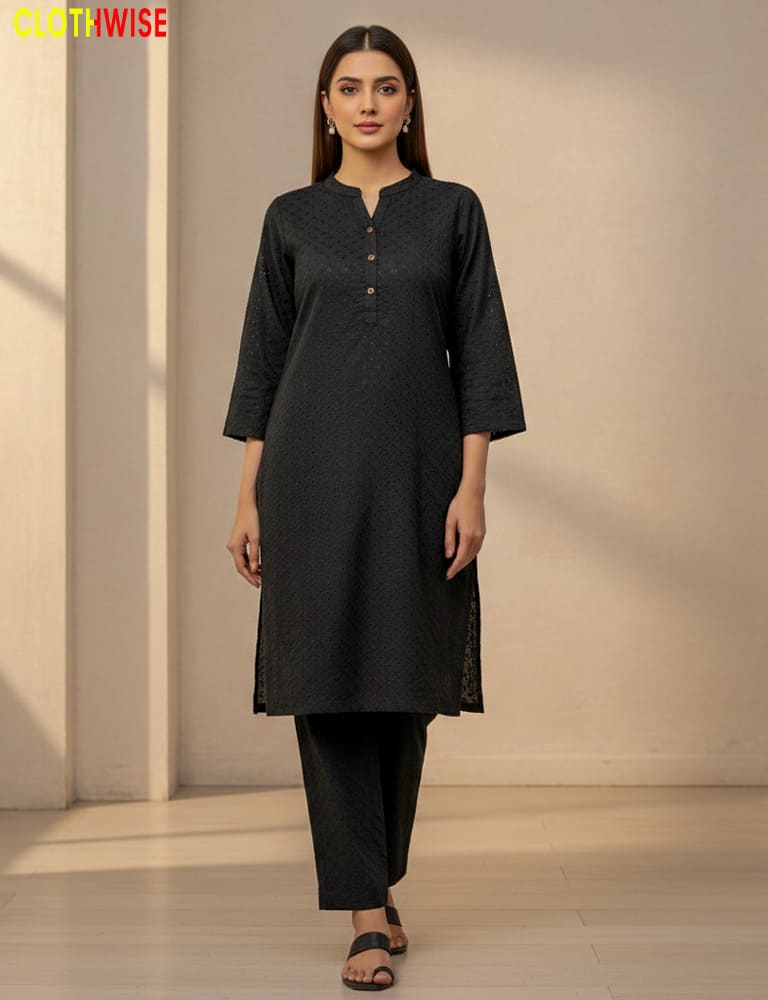 Woman wearing a black kurta with pants against a neutral background, with 'Clothewise' branding.