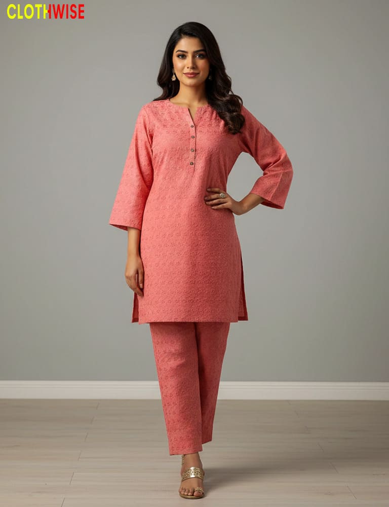 Woman wearing a coral pink kurta with pants against a gray background, with 'Clothewise' branding.
