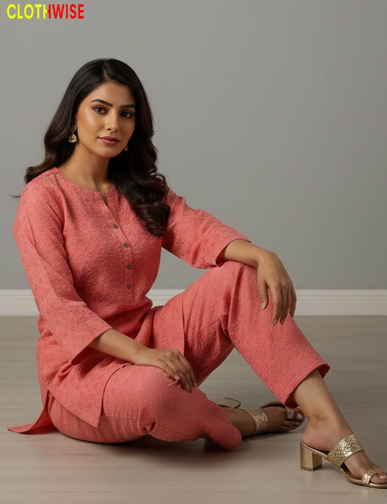 Woman in a pink outfit sitting on the floor with a gray background