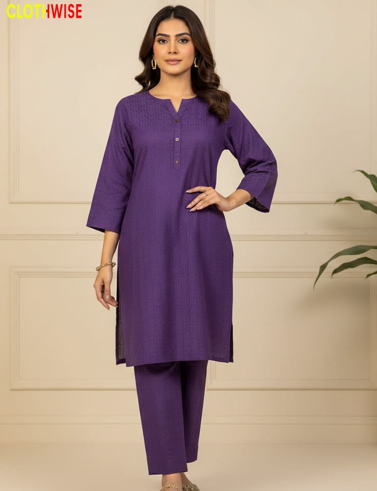 Premium 2-Piece Full Embroidered Chikan Kari Cotton Suit – Purple