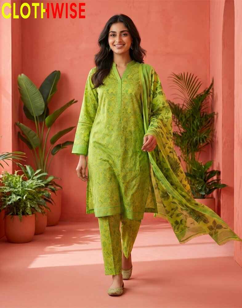 Woman in a green outfit with a scarf, standing against a pink background with plants.