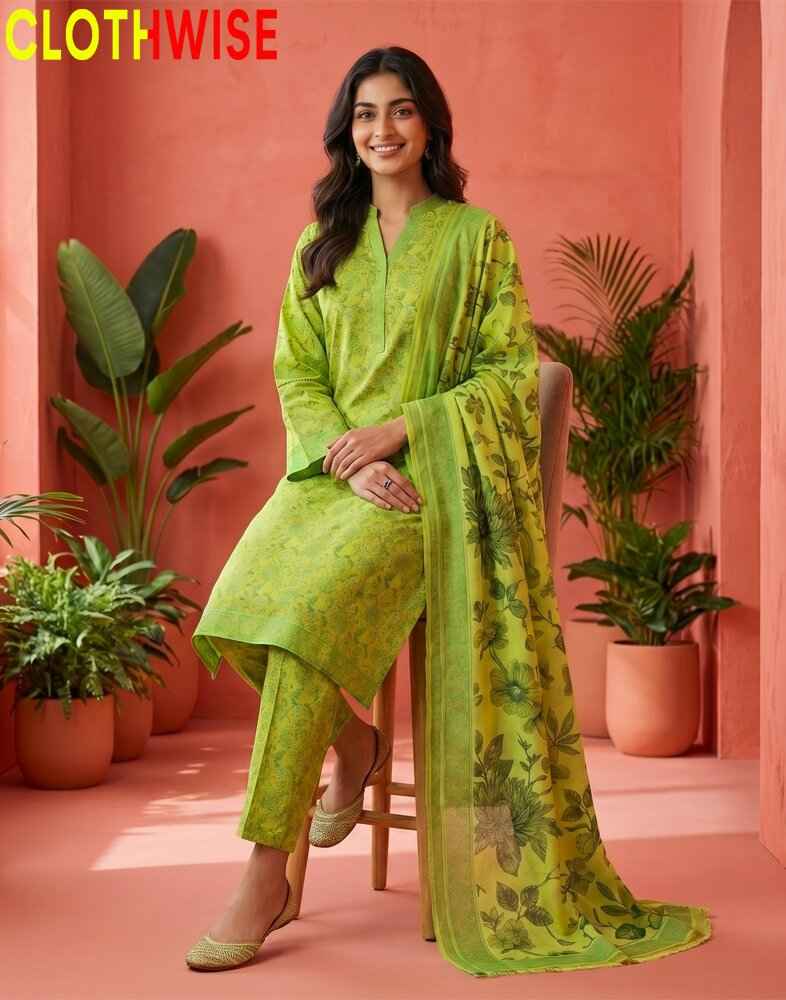 Woman in a green outfit with a floral dupatta against a pink background, with 'CLOTHWISE' branding.
