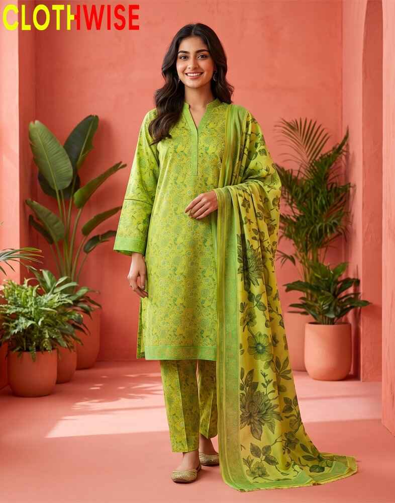 Woman wearing a green floral outfit with a matching dupatta in a pink room with plants.