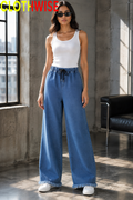 Women's Wide Leg Stretchable Denim Pants High Waisted Drawstring Raw Hem Jeans