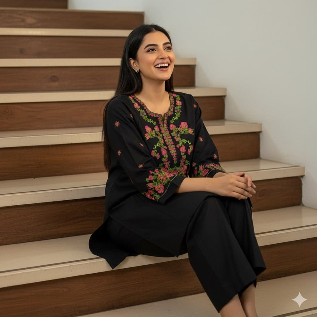 Woman sitting on a staircase wearing an embroidered black outfit