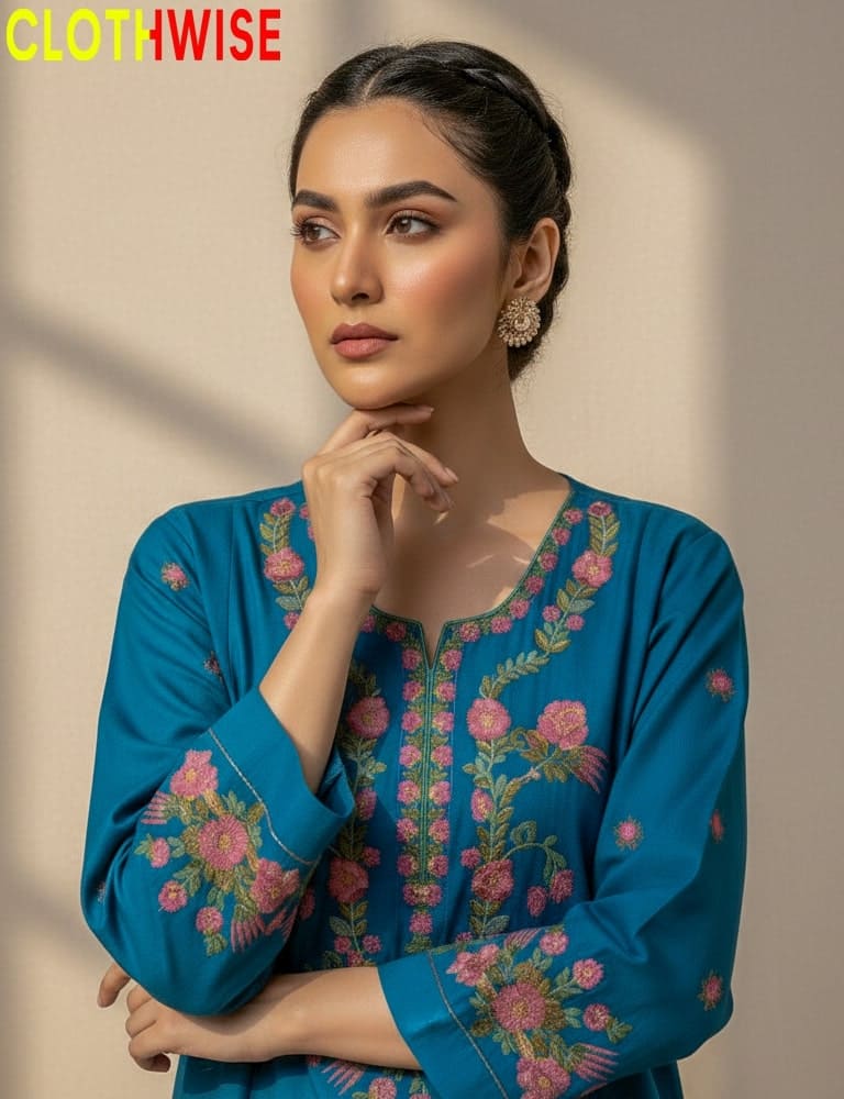 Woman wearing a blue embroidered outfit with 'CLOTHWISE' branding.