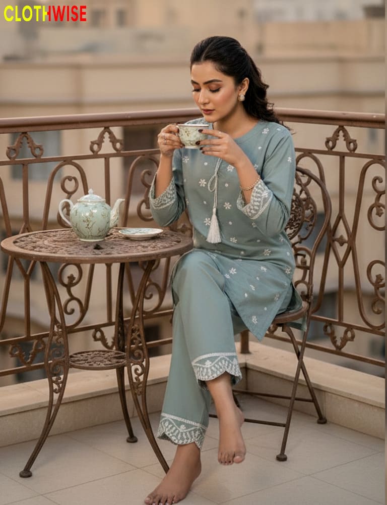 Woman in a icegreen outfit sitting on a balcony, holding a cup.