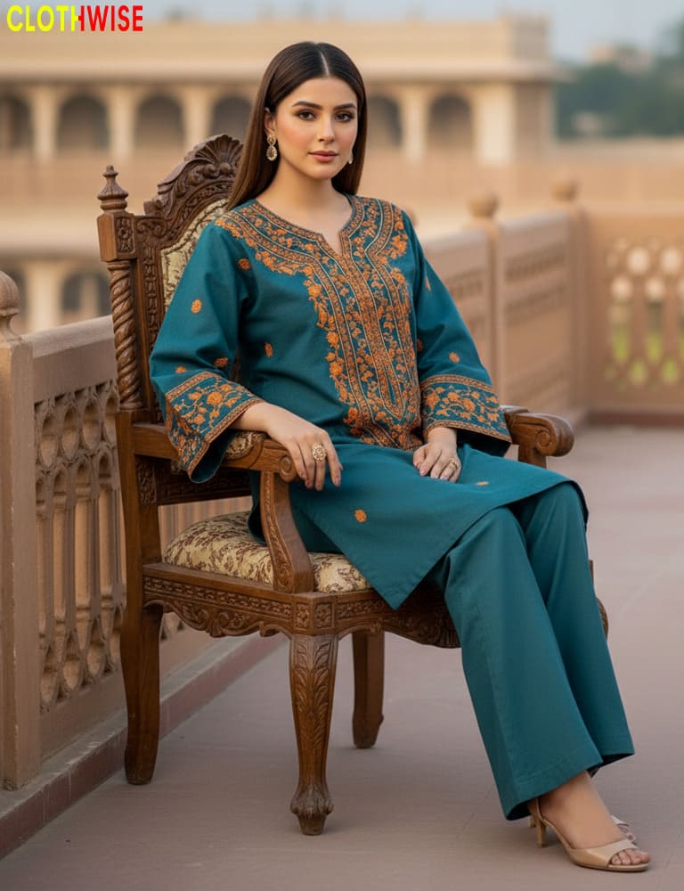 Woman in a teal traditional outfit sitting on a wooden chair with a blurred background