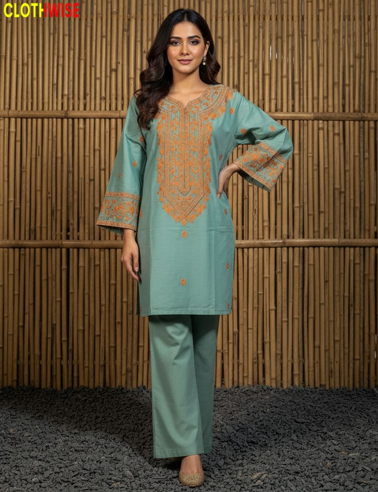Woman wearing a light blue embroidered kurta with green pants against a bamboo wall.
