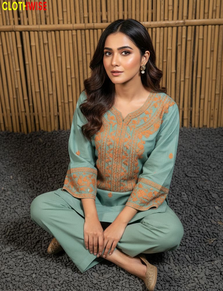 Woman wearing a light green traditional outfit with orange embroidery sitting on a textured floor.